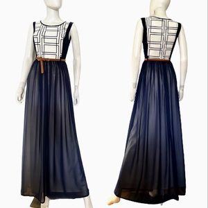 SALE💥NWT WOMEN LONG DRESS CHIFFON SKIRT LINED SLEEVELESS BELTED GOWN WHITE/NAVY